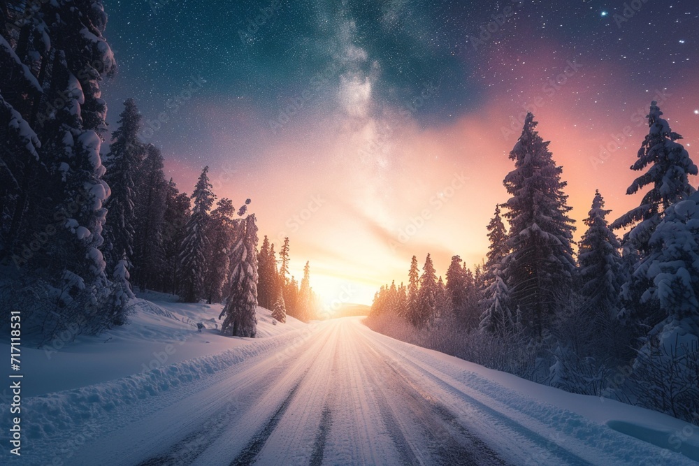 Road leading towards colorful sunrise between snow covered trees with epic milky way on the sky