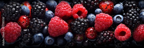 Delicious mixed berry background - fresh raspberries, blueberries, blackberries, and strawberries photo