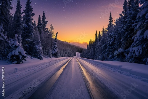 Road leading towards colorful sunrise between snow covered trees with epic milky way on the sky