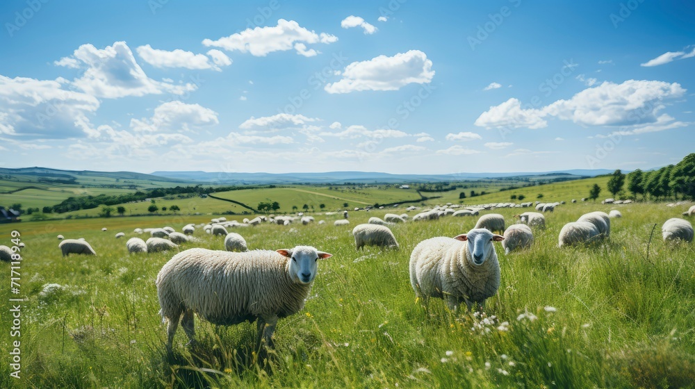 Sheep farm with green grass and clear sky