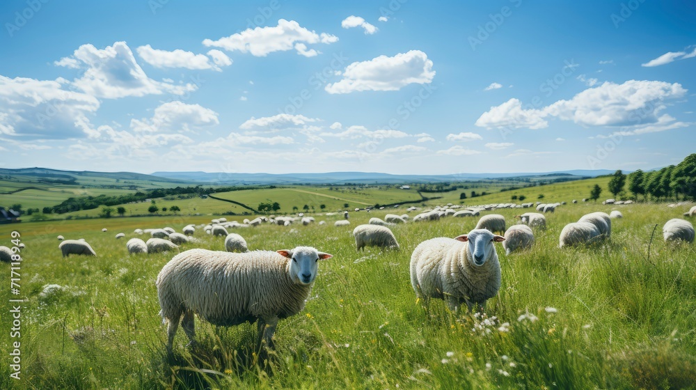 Obraz premium Sheep farm with green grass and clear sky
