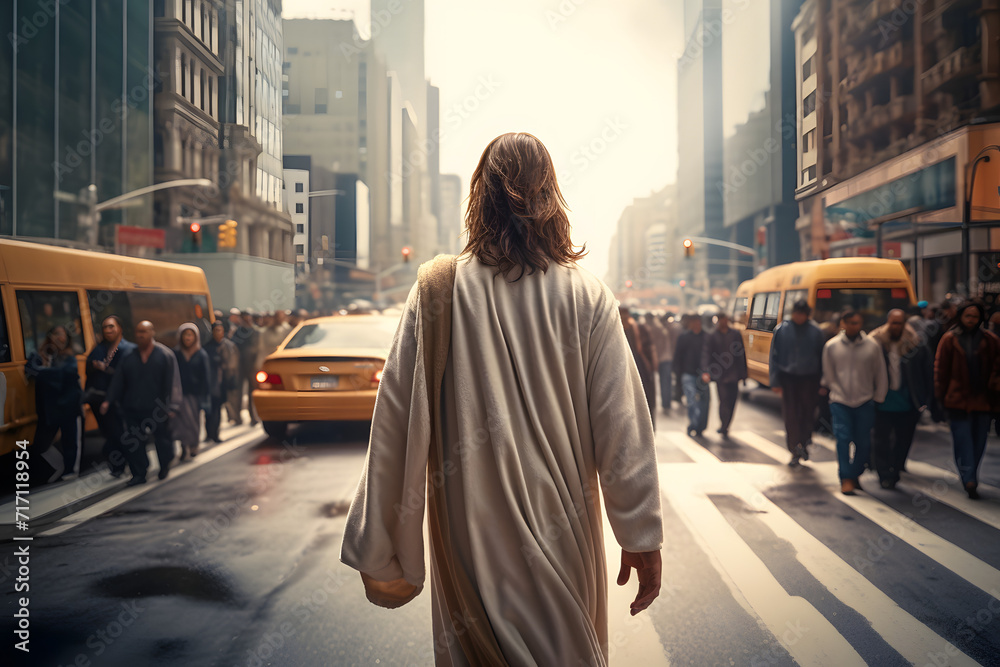 Jesus Christ walking in the city street. - obrazy, fototapety, plakaty 
