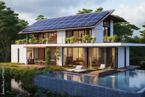 Futuristic smart home with solar panels for eco-friendly and renewable energy concepts © sorin