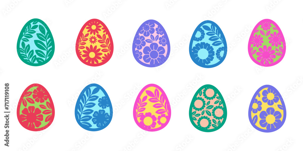 Set of Happy Easter eggs with colorful flower ornaments Set of Happy Easter eggs with colorful flower ornaments