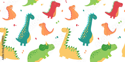 Cartoon dinosaur seamless pattern, cute dino background, animal character vector print, funny kid colorful collection. Drawing kindergarten illustration