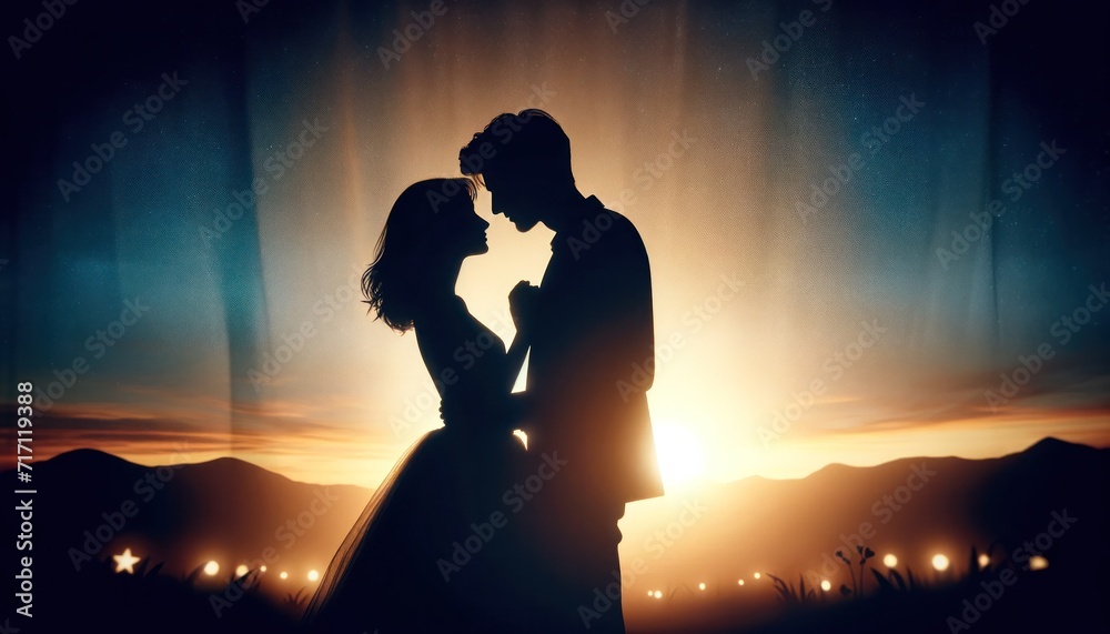 A couple in a tender embrace is silhouetted against a stunning sunset, with soft rays and a hint of starlight