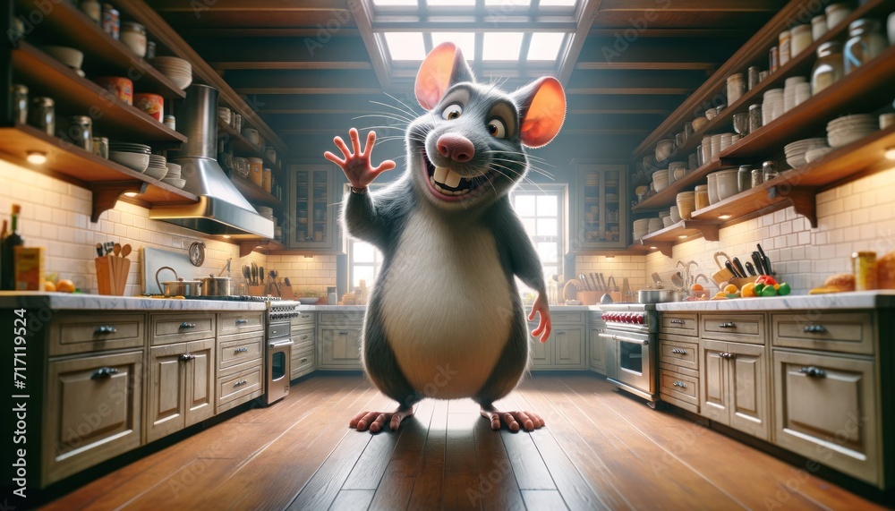 A friendly animated rat waves hello in a bright, wood-floored kitchen filled with cookware and food items - obrazy, fototapety, plakaty 