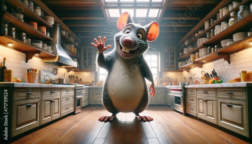 A friendly animated rat waves hello in a bright, wood-floored kitchen filled with cookware and food items photo