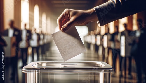 A person's hand is shown inserting a voting ballot into a transparent ballot box, with voters in the background
