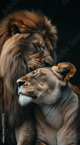 lion and lioness cuddling on a black background © alex