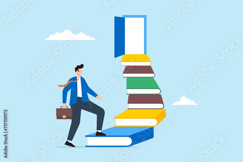 Businessman climb book stack stairs to opportunity door