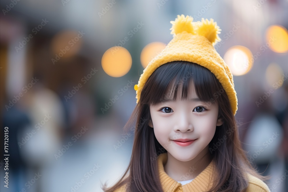 Cheerful asian girl wearing stylish hat with ample copy space for text and advertising Cheerful asian girl wearing stylish hat with ample copy space for text and advertising