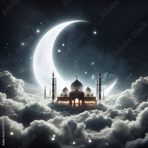 Ramadan Kareem holy month Crescent Moon with mosque Paper art style background, Generative Ai © Graphic EngineerBD