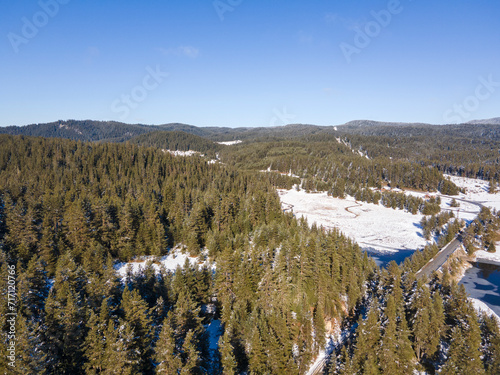 Aerial winter view of Beglika Reservoir, Bulgaria