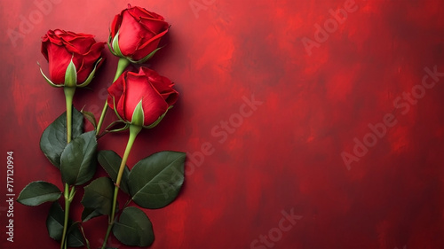 Valentines day red rose flowers with copy space. greeting card background