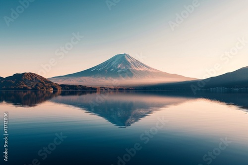 Volcanic mountain in morning light reflected in calm waters of lake.