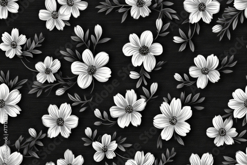 Monochrome Floral Pattern on Black Background. Elegant white flowers with grey foliage on dark backdrop.