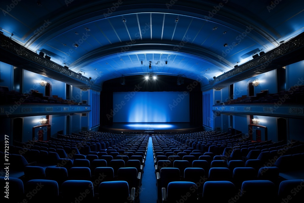 Empty blue cinema hall with white blank screen mockup, no audience, auditorium interior Empty blue cinema hall with white blank screen mockup, no audience, auditorium interior