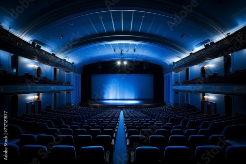 Empty blue cinema hall with white blank screen mockup, no audience, auditorium interior