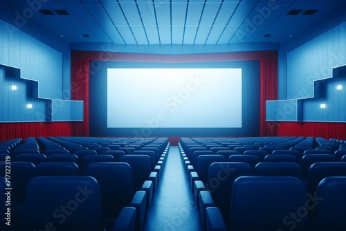 Spacious empty blue cinema hall with blank screen mockup for auditorium and movie projection