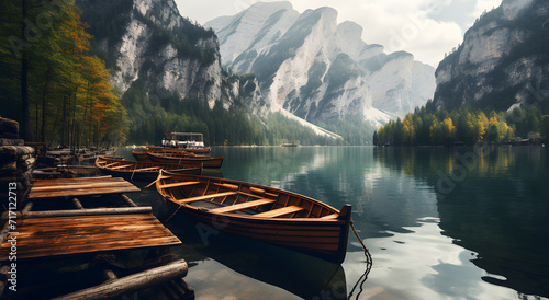 Uma linda paisagem tranquila de um lago com canoas e belas montanhas ao fundo