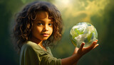 Linda menina ativista segurando o globo do planeta Terra na mão em ação climática e conceito de conservação ambiental