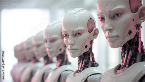 Robôs com o rosto humanoide de mulher em fileira esperando ordens photo