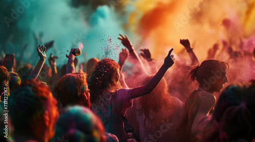 Festival of Colors at the Summer Holi Party with crowd having fun with colored powders. photo