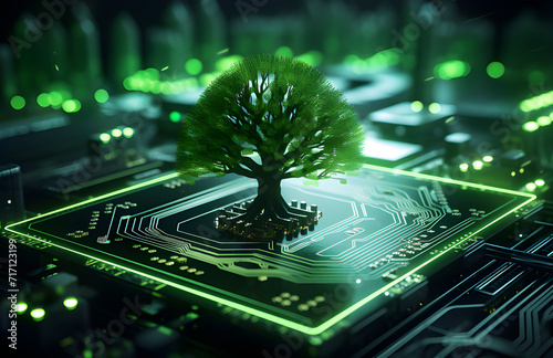 Árvore crescendo no ponto convergente da placa de circuito do computador. Computação verde, tecnologia verde, TI verde, RSE e ética de TI. Conceito de tecnologia verde. Tecnologia verde ambiental.