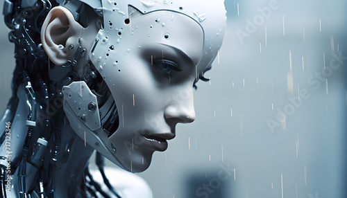 Close do rosto feminino de um robô humanoide com uma expressão pensativa com chuva no fundo photo