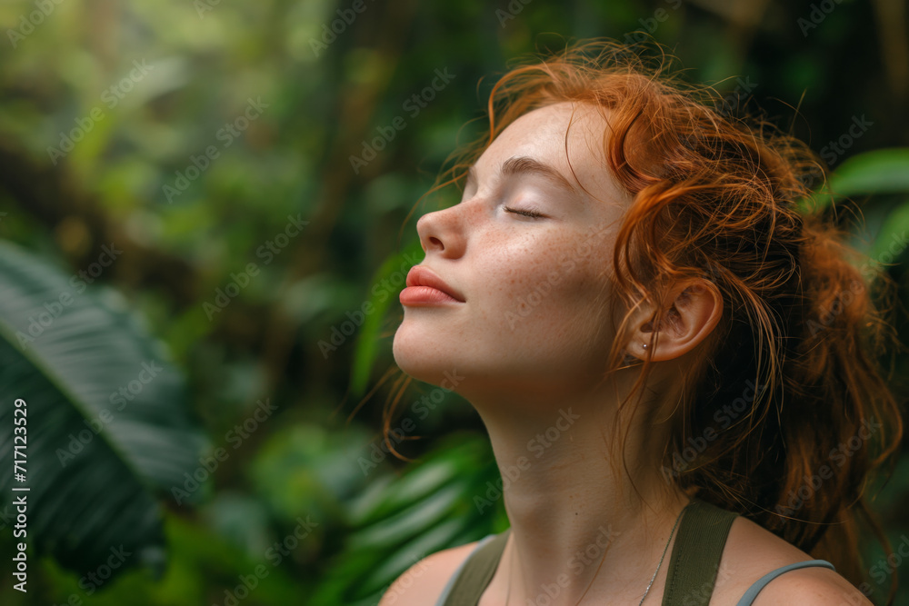 Serene young auburn woman with sweat on her face enjoying nature Serene young auburn woman with sweat on her face enjoying nature