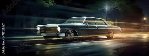 Um carro antigo em alta velocidade em uma estrada a noite com fachos de luzes photo