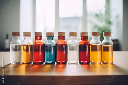 homeopathic medicine glassware in a row on a table photo