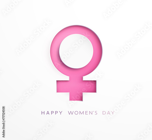 Women's Day greeting card or banner with woman 3d pink cutout paper female symbol. Vector 8 March international holiday poster template