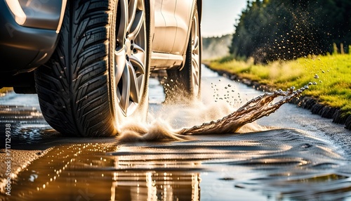 Single car tire standing on the road in difficult weather conditions, in snow or rain wet road with aquaplaning photo