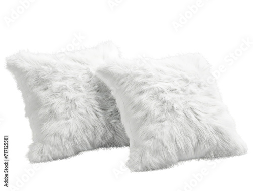 Two white fluffy faux fur pillows on a transparent background.
