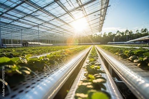 Organic ripe red strawberries growing on modern agricultural farm plantation fields