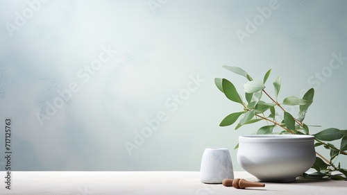 eucalyptus leaves alongside a white mortar and pestle, symbolizing ingredients for alternative medicine and natural cosmetics, aligning with a beauty salon and spa concept, with ample space for text.