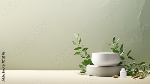 eucalyptus leaves alongside a white mortar and pestle  symbolizing ingredients for alternative medicine and natural cosmetics  aligning with a beauty salon and spa concept  with ample space for text.