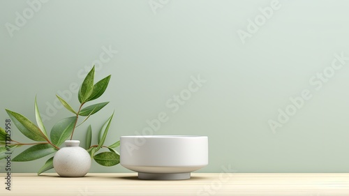 eucalyptus leaves alongside a white mortar and pestle  symbolizing ingredients for alternative medicine and natural cosmetics  aligning with a beauty salon and spa concept  with ample space for text.