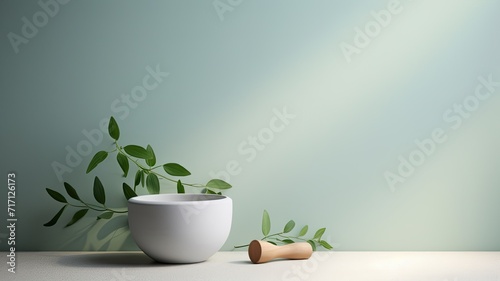 Wallpaper Mural eucalyptus leaves alongside a white mortar and pestle, symbolizing ingredients for alternative medicine and natural cosmetics, aligning with a beauty salon and spa concept, with ample space for text. Torontodigital.ca