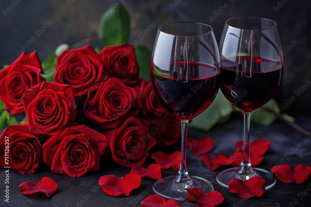 Bouquet of red roses and red wine Bouquet of red roses and red wine