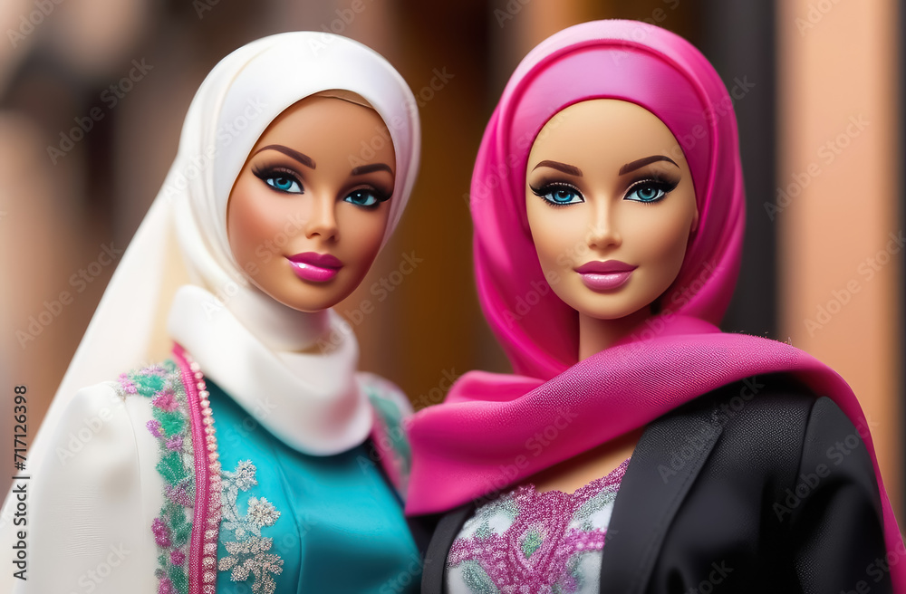 Two female dolls in hijab. Fashion concept. Muslim doll in hijab. Generative AI Two female dolls in hijab. Fashion concept. Muslim doll in hijab. Generative AI