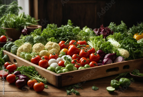 Vegetables on a large wooden tray, some green salad.