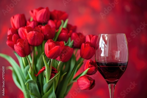 Bouquet of red tulips and red wine