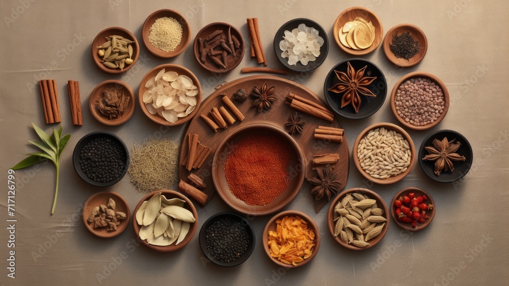 a large selection of Chinese herbal medicine arranged in wooden bowls, set against a textured papyrus background.