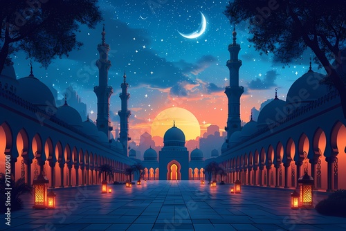 vector background with mosques and minarets to the holiday Mubarak photo