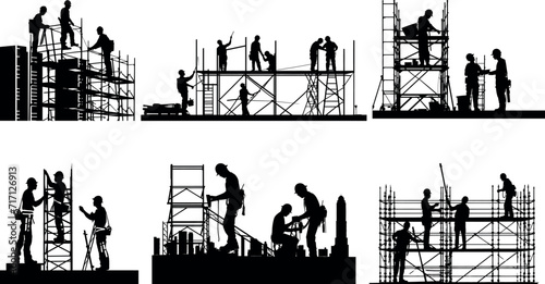 construction workers silhouette. engineer and construction team working at site, great set collection clip art Silhouette , Black vector illustration on white background. photo