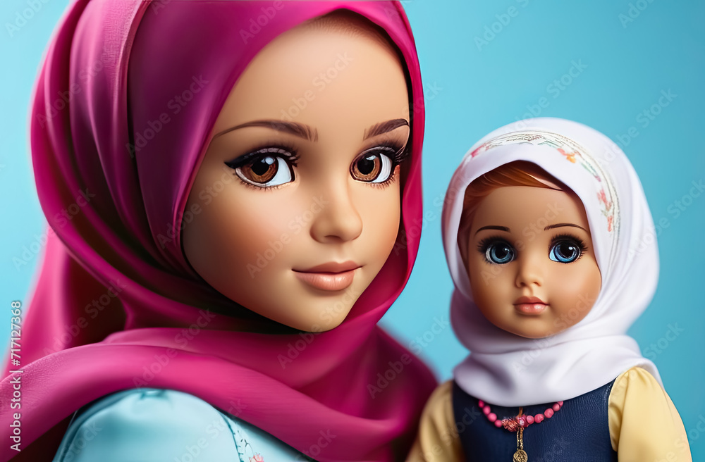 Beautiful muslim girl with hijab and cute doll in hijab in her arms. Muslim doll in hijab. Generative AI Beautiful muslim girl with hijab and cute doll in hijab in her arms. Muslim doll in hijab. Generative AI
