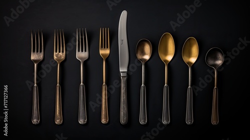 rustic vintage cutlery set, including a knife, spoon, and fork, arranged on a black background, captured from a top view perspective.